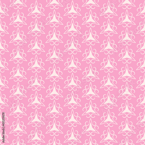 Decorative background pattern with white ornaments on pink backdrop, wallpaper. Seamless pattern, texture. Vector illustration
