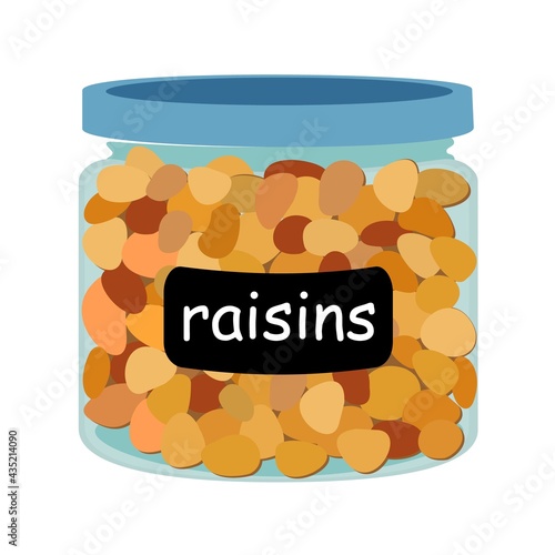 Raisins in glass jars for bulk products without packaging. Dried grape isolated on white background. Trendy hand-drawn vector cartoon flat illustration.