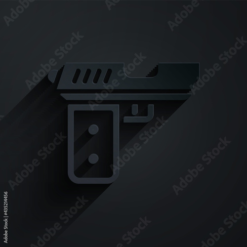 Paper cut Pistol or gun icon isolated on black background. Police or military handgun. Small firearm. Paper art style. Vector