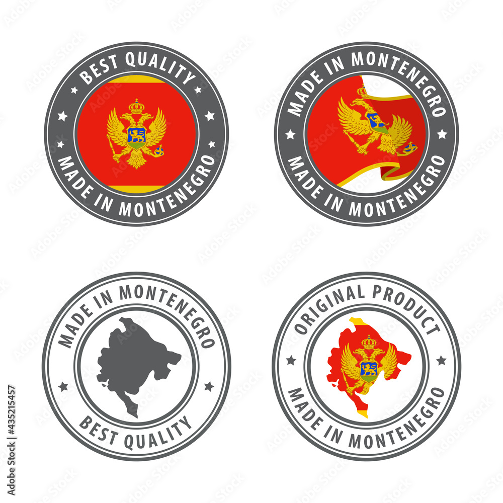 Made in Montenegro - set of labels, stamps, badges, with the Montenegro map and flag. Best quality. Original product. Made in Montenegro - set of labels, stamps, badges, with the Montenegro map and flag. Best quality. Original product.