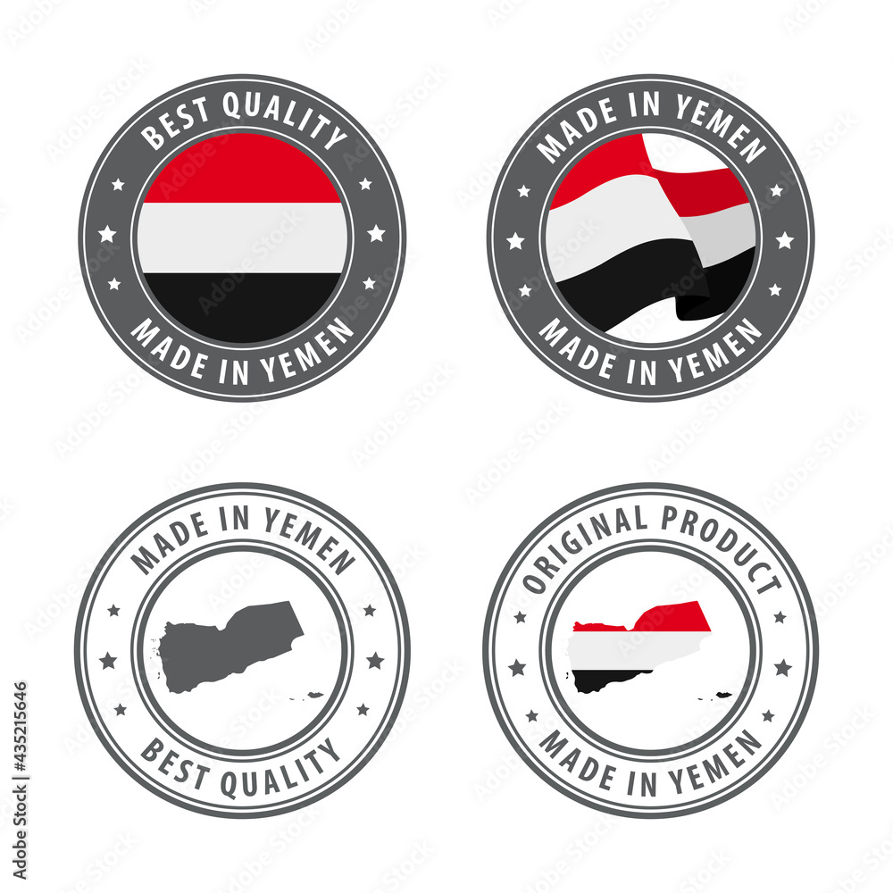 Made in Yemen - set of labels, stamps, badges, with the Yemen map and flag. Best quality. Original product. Made in Yemen - set of labels, stamps, badges, with the Yemen map and flag. Best quality. Original product.