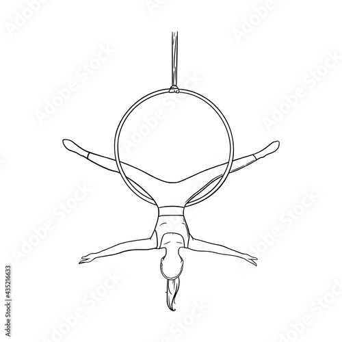 Acrobat dancing in the hoop. Aerial gymnast isolated in white background. Sketch vector illustration