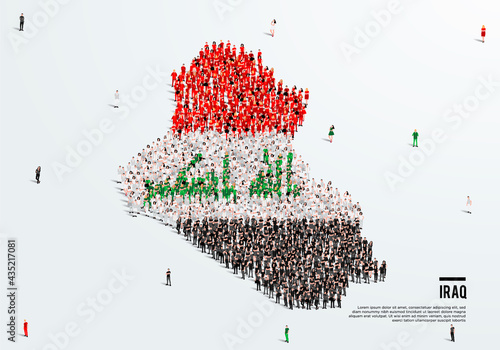 Iraq Map and Flag. A large group of people in the Iraq flag color form to create the map. Vector Illustration.
