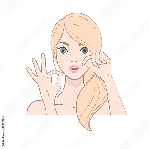 Pretty blonde holds dental floss. Teeth cleaning. Dental care