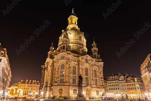 Night view of the Frauenkirche church with statue of Martin Luther on Neumarkt square in the old town of Dresden, Saxony, Germany.