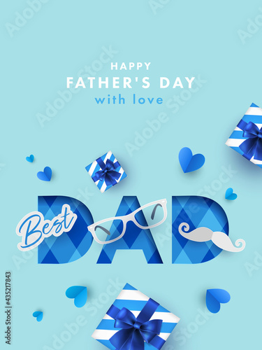 Happy Father's Day greeting card, banner, poster flyer design with gift boxes, origami hearts, paper mustache and glasses. Paper art, digital craft style. Happy Fathers Day modern design template