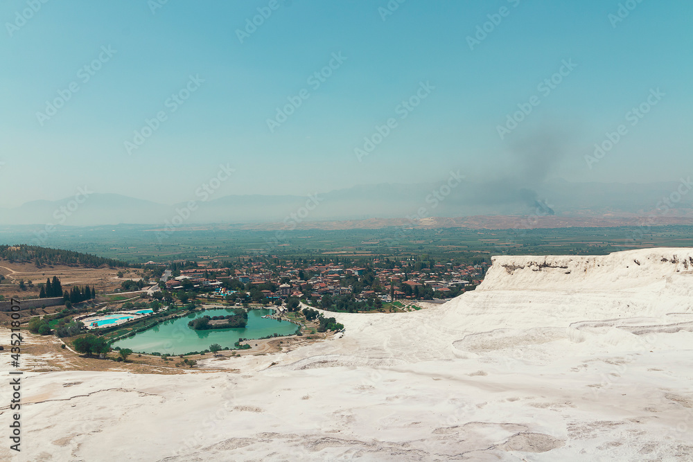 View of natural travertine in Pamukkale on summer day