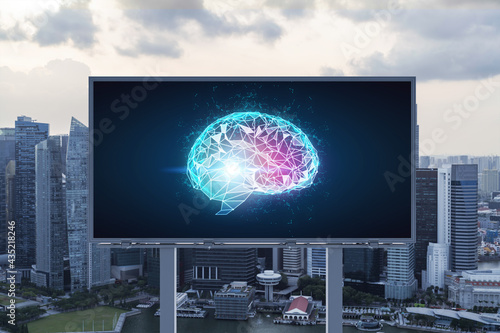 Brain hologram on billboard with Singapore cityscape background at sunset. Street advertising poster. Front view. The largest science hub in Southeast Asia. Coding and high-tech science.