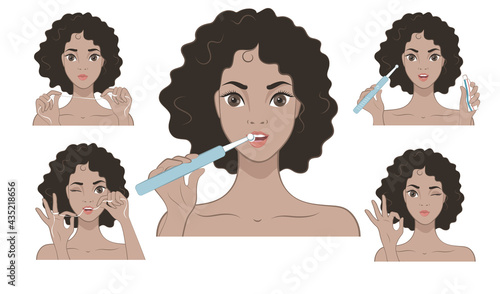 Set of illustrations with a beautiful brunette girl. Dental care. Teeth cleaning.