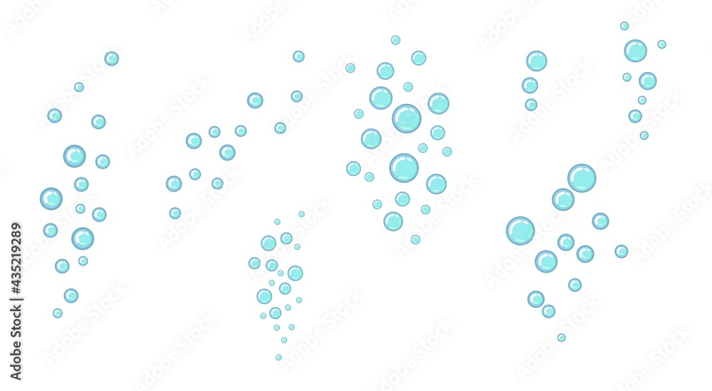 Set of air bubbles in water. Underwater world. Aquarium or pond. Summer water. Isolated on white background. Illustration in cartoon style. Flat design. Vector art