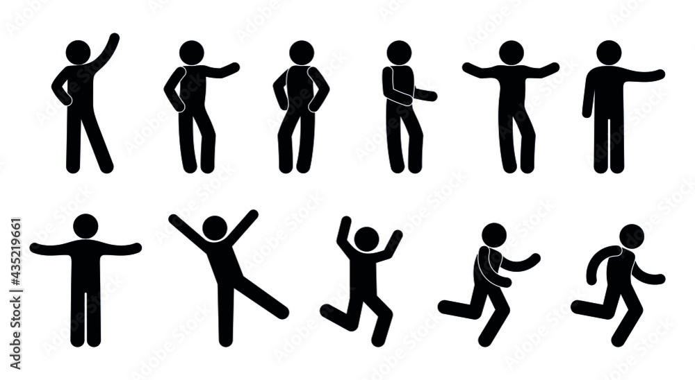 Stick Man Gestures And Movement Set. Simple Poses And Active Actions  Abstract People Running And Slow Walking Pose Of Amazement Despair With  Hands Near Head Raised Hand Greeting. Vector Silhouette. Royalty Free