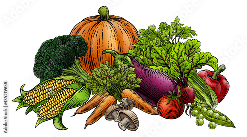 Vegetables Fruit Produce Food Illustration Woodcut