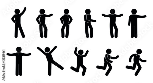 stick figure pictogram man various poses and gestures, isolated human silhouettes, people run, dance and wave their hands