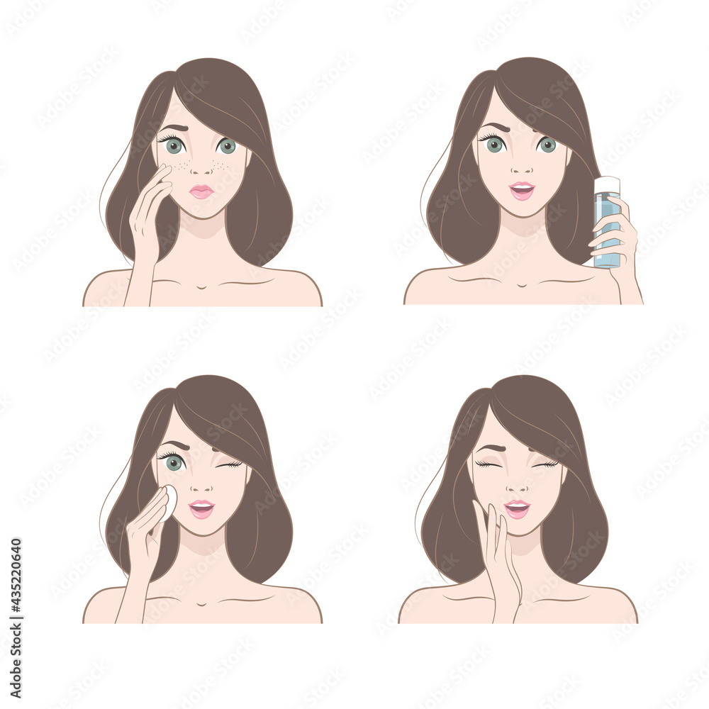 Set of images. Beauty Skin Care. Brunette Girl doing skin care. Vector illustration in cartoon style Set of images. Beauty Skin Care. Brunette Girl doing skin care. Vector illustration in cartoon style