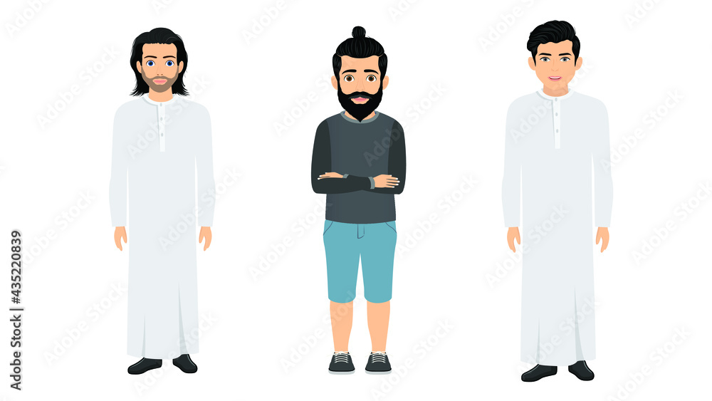 set of Vector illustration of mans in casual clothes under the white background. Cartoon realistic peoples illustration. Flat young man. Front view people