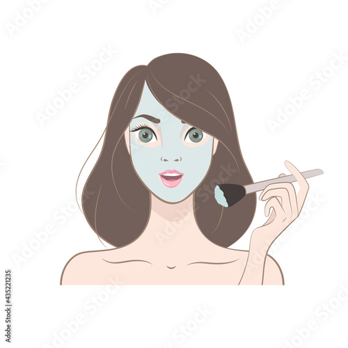 Beautiful Brunette girl puts a brush face mask. Vector illustration