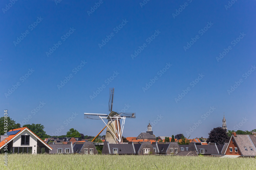 Skyline with windmill and church towers in Ootmarsum, Netherlands