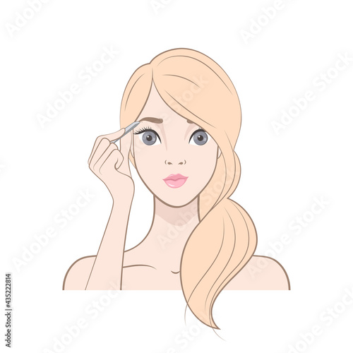 The isolated image on a white background. Cute Blonde girl plucked her eyebrows with tweezers.