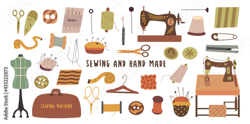 Set of elements for hand made and sewing. Needle and thread, scissors and thimble, sewing machine and fabric, ripper and zipper, centimeter and button. Colorful vector illustration hand drawn isolated