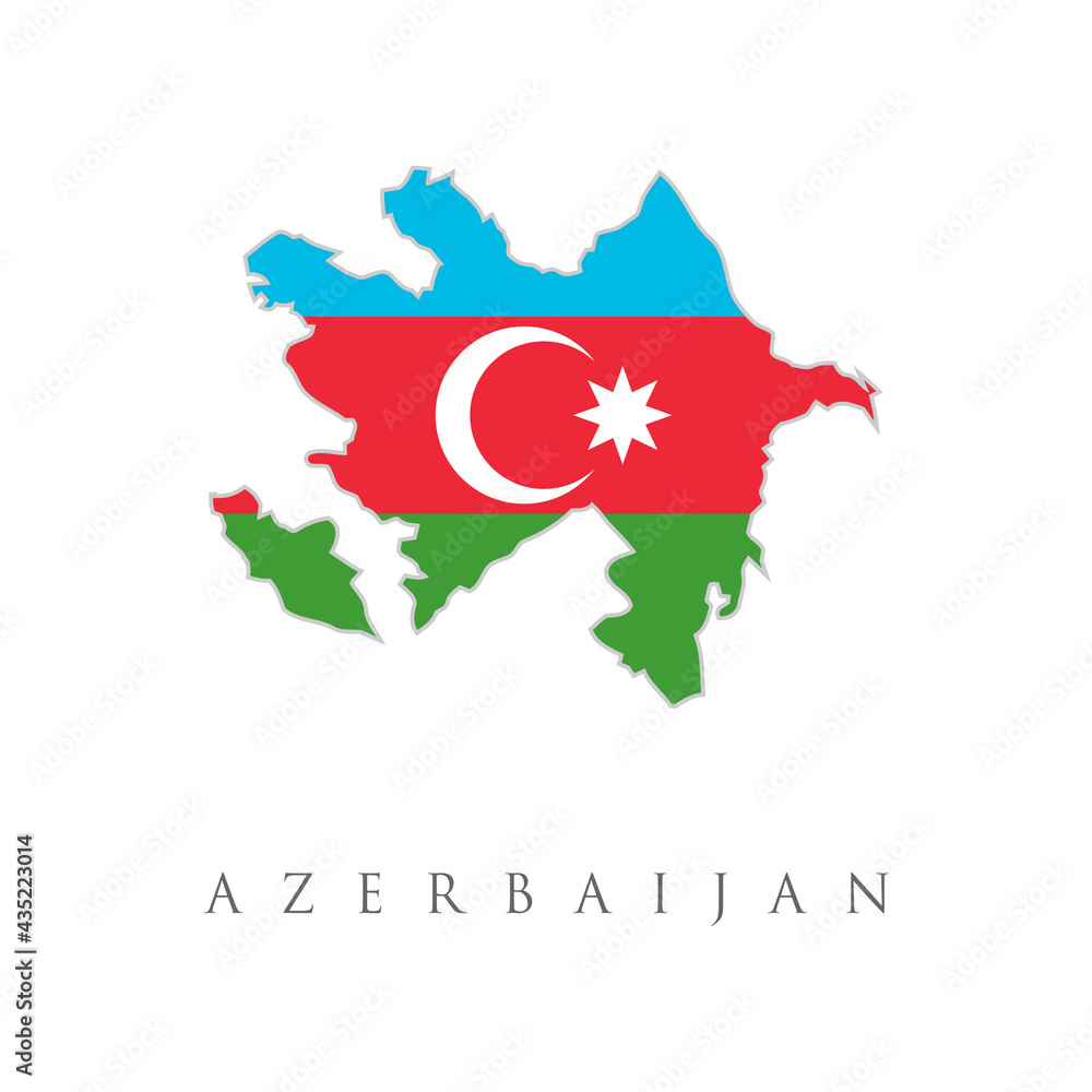 Azerbaijan outline map country shape state borders symbol. Crescent Moon and Star flag of the country in the form of borders. Stock vector illustration isolated on white background.