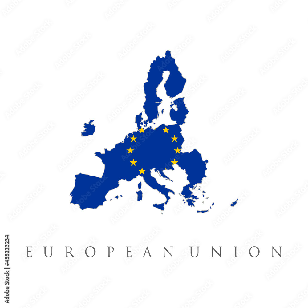Obraz premium EU map and flag background. Vector illustration. Vector Europe map with European union flag in white background and yellow stars. European union star. Vector flag of Europa union