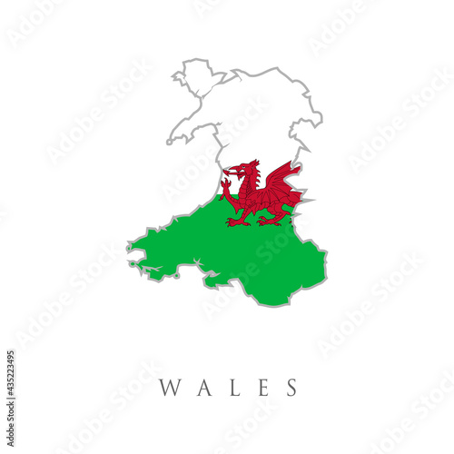 Wales United Kingdom Flag with Map. Wales Flag Map. Map of Wales United Kingdom, UK with the Welsh national flag isolated on a white background. Vector Illustration.