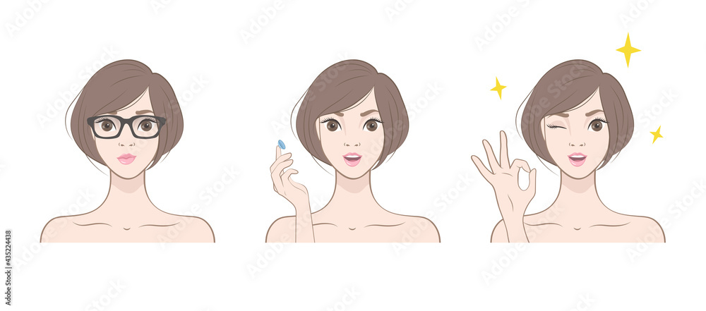 Set of images of a girl putting on contact lenses.