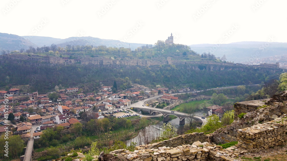 VELIKO TARNOVO, BULGARIA, March 31, 2019: Tsarevets fortress in Veliko Tarnovo in Bulgaria, view from Trapezitsa fortress.