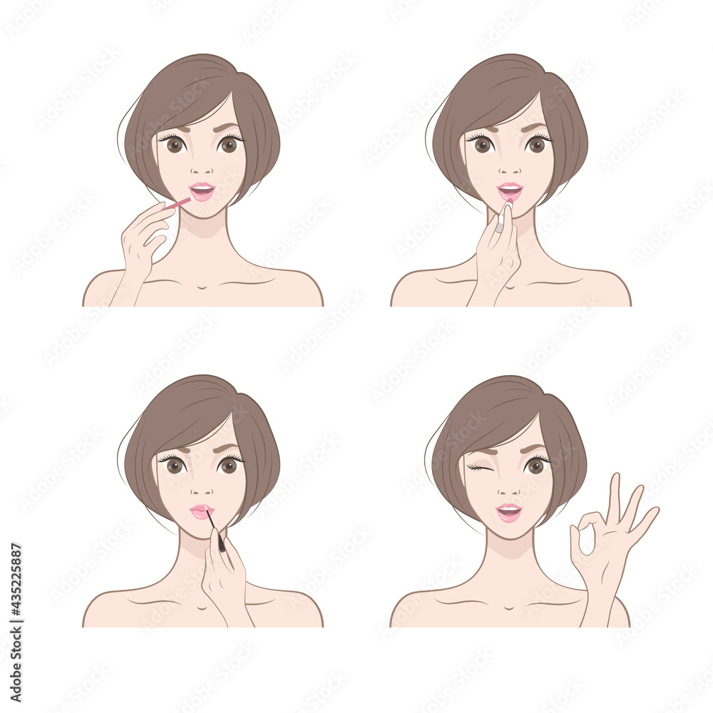Beautiful Japanese girl applying lipstick on her lips. Set of images. Vector illustration Beautiful Japanese girl applying lipstick on her lips. Set of images. Vector illustration
