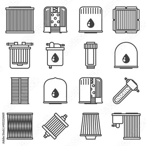 Different car filters icons set. Linear image of oil, gasoline and air filter for cleaning fuel, air and oil. Isolated vector on pure white background.