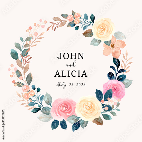Save the date. Pink yellow rose flower wreath with watercolor