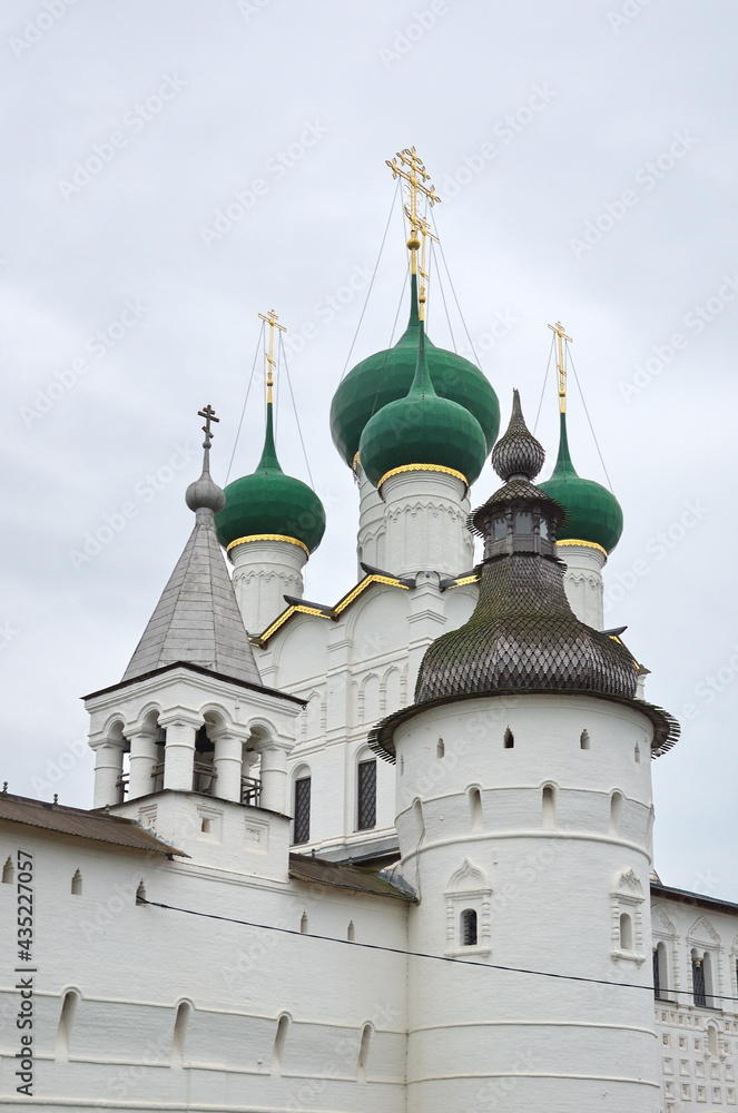 Rostov Veliky, Russia - July 24, 2019: Domes of the Rostov Kremlin, Yaroslavl region