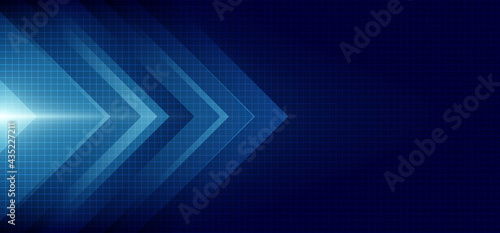 Abstract blue arrow glowing with lighting and line grid on blue background technology hi-tech concept photo