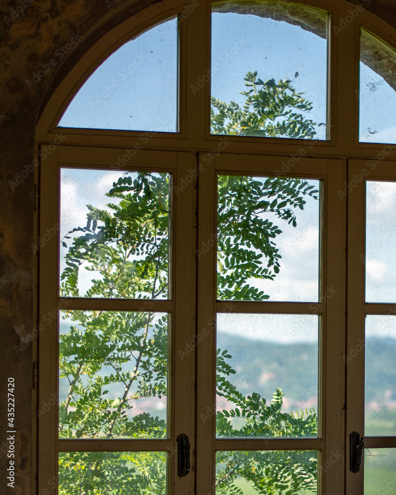 Fototapeta premium Finestra antica vista dall'interno con veduta sul giardino di una villa classica