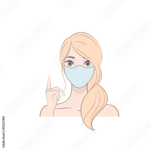 Attention. Young blonde woman with a medical disposable mask to avoid contagious viruses. Corona virus prevention. Vector isolated illustration on the white background