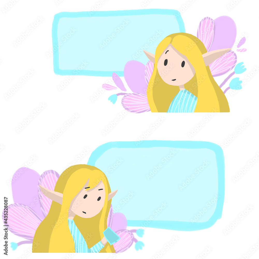 Dialog boxes with cute elf and flowers. Delicate pinks, blues and yellows. Dialog boxes with cute elf and flowers. Delicate pinks, blues and yellows.