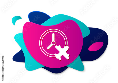 Color Clock with airplane icon isolated on white background. Designation of time before departure, check-in for flight and arrival time symbol. Abstract banner with liquid shapes. Vector