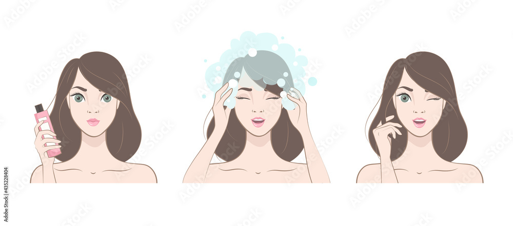 Set of icons. Beautiful brunette girl washes her hair. Image isolated on white background. Set of icons. Beautiful brunette girl washes her hair. Image isolated on white background.