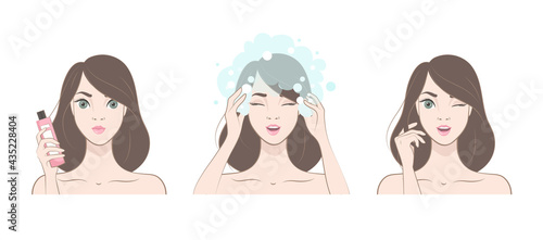 Set of icons. Beautiful brunette girl washes her hair. Image isolated on white background.
