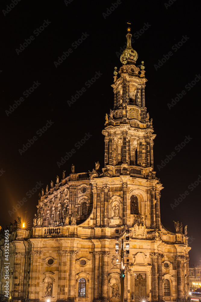 Stunning night view of the Dresdener Hofkirche (Dresden Cathedral) on Schloßplatz square near Elbe river in the old town of Dresden, Saxony, Germany.
