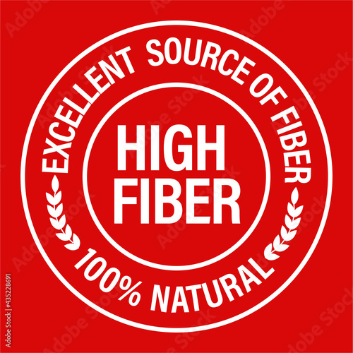'excellent source of high fiber, 100% natural' vector icon isolated on red background, white in color