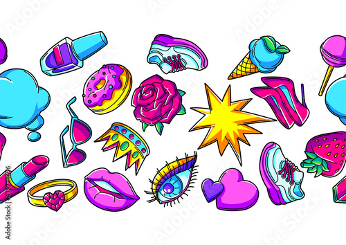 Wallpaper Mural Seamless pattern with fashion girlish patches. Colorful cute teenage background. Torontodigital.ca