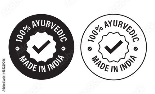 '100% Ayurveda, made in India'  vector icon with tick mark, black in color