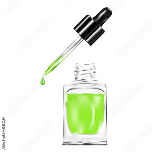 Clear glass bottle with dropper cap filled with green liquid isolated on white background. Face serum, nail care product packaging. Vector illustration
