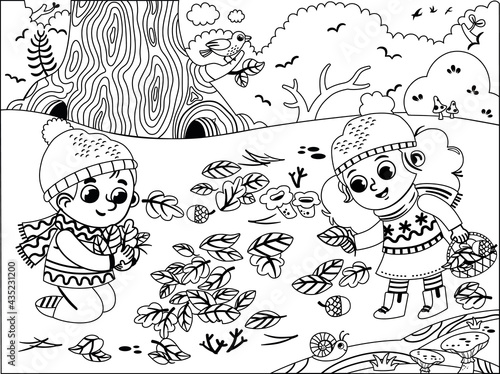 Black and white happy children having fun in Autumn park. Two kids in winter clothes collecting leaves and corns in Autumn. Vector Illustration.