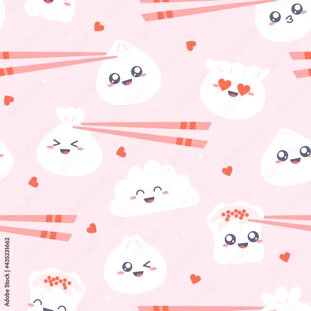 Dim sum - seamless pattern. Cute kawaii dumplings with chopsticks on pink background. Vector cartoon illustration Dim sum - seamless pattern. Cute kawaii dumplings with chopsticks on pink background. Vector cartoon illustration