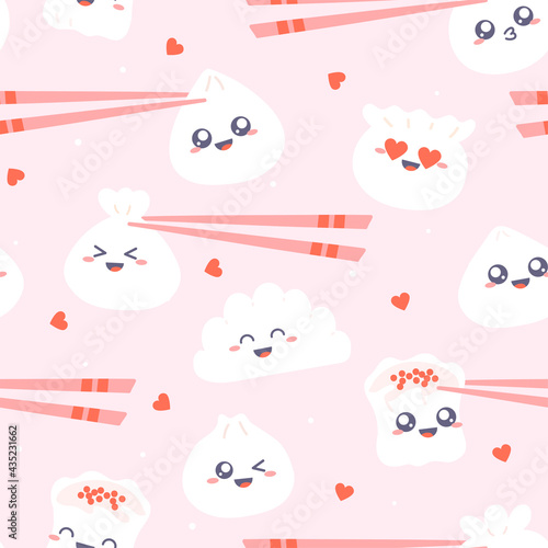 Dim sum - seamless pattern. Cute kawaii dumplings with chopsticks on pink background. Vector cartoon illustration
