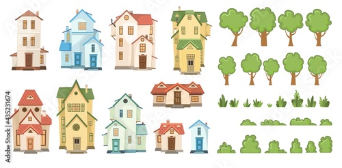 Cartoon house  trees and bushes. Set. A beautiful  cozy country house in a traditional European style. Collection of Cute funny homes. Isolated on white background. Vector