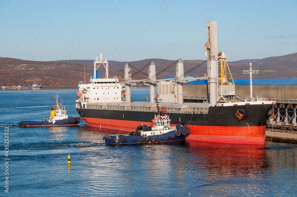 Fototapeta premium Kola Bay, Murmansk Commercial Sea Port. Tugs are engaged in mooring bulk carriers to the mooring walls, and then unmooring them