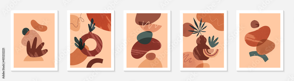 Bundle of modern abstract vector illustrations with vases,organic various shapes and leaves.Boho watercolor wall art decor.Trendy artistic designs perfect for banners;social media,covers,wallpaper. Bundle of modern abstract vector illustrations with vases,organic various shapes and leaves.Boho watercolor wall art decor.Trendy artistic designs perfect for banners;social media,covers,wallpaper.